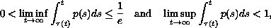 $$
0<\liminf_{t\to \infty }\int_{\tau (t)}^{t}p(s)ds\leq \frac{1}{e}
\quad \hbox{and}\quad \limsup_{t\to \infty }\int_{\tau
(t)}^{t}p(s)ds<1,
$$